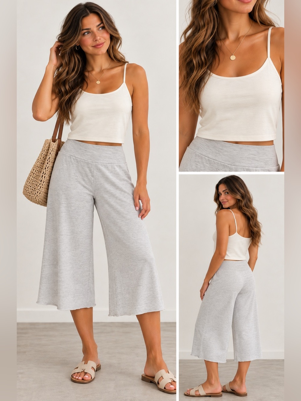 Small XS John Galt Heather Gray Wide-Leg Gaucho Style Knit Pants Tank Top Cami